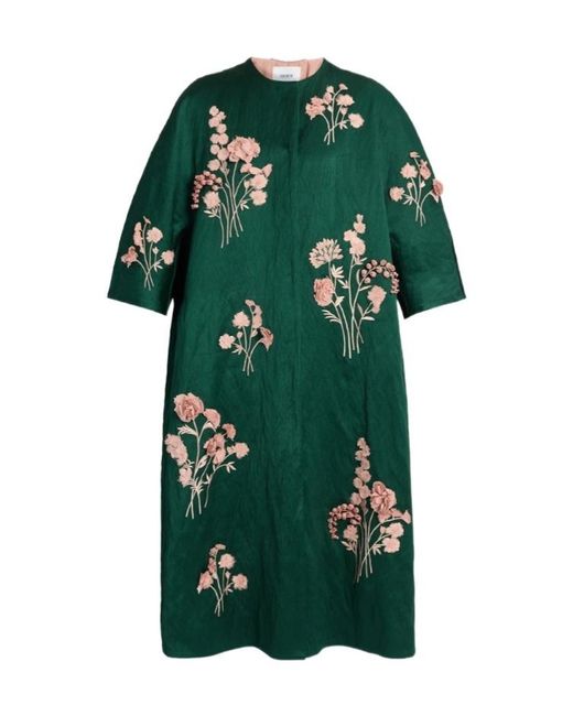 Erdem Green Embroidered Textured-Satin Coat