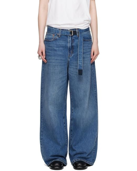 Sacai Blue Logo Patch Wide-Leg Belted Jeans