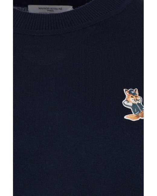 Maison Kitsuné Blue Embroidered Fox-Patch Longlsleeved Sweater for men