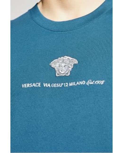 Versace Blue Logo Embroidered Crewneck T-Shirt for men