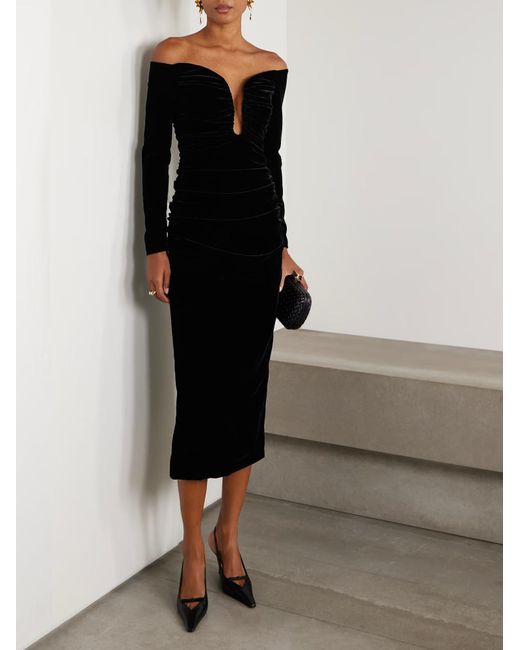 Carolina Herrera Black Ruched Velvet Midi Dress