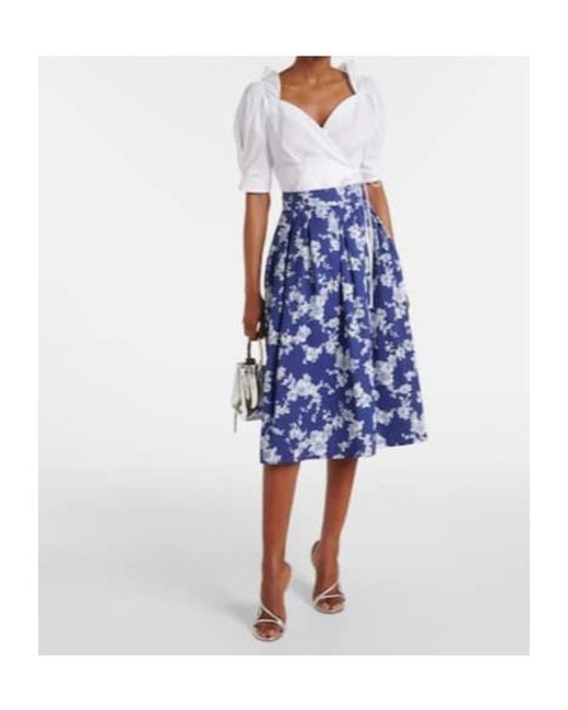 Carolina Herrera Blue Floral Faille Midi Skirt