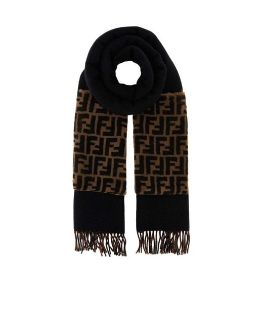 Fendi Black Ff Jacquard Fringed-Edge Scarf