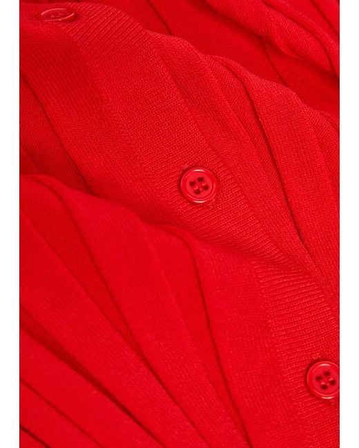 Staud Red Solid Ribbed-Knit Cardigan