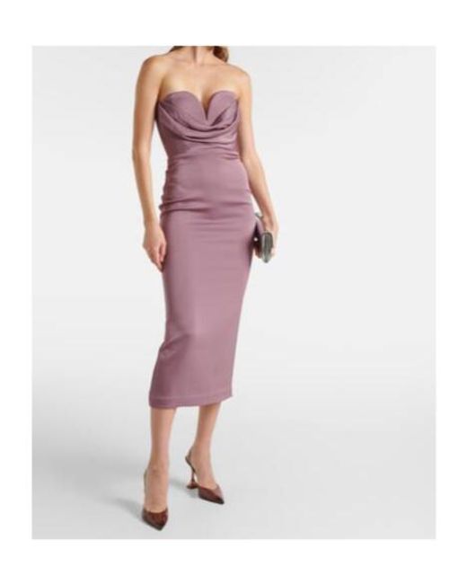 Alex Perry Purple Gathered Strapless Satin Midi Dress