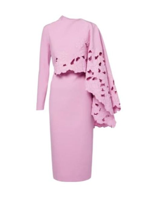 Oscar de la Renta Pink Cape-Detail Wool-Blend Midi Dress