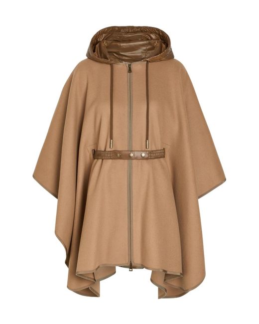 Moncler Brown Hooded Belted Wool-Blend Cape Coat