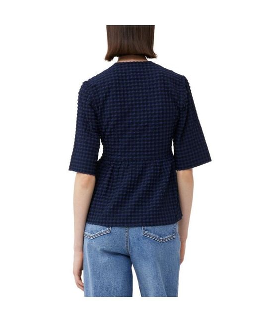 Ganni Blue Checkered Seersucker V-Neck Peplum Blouse