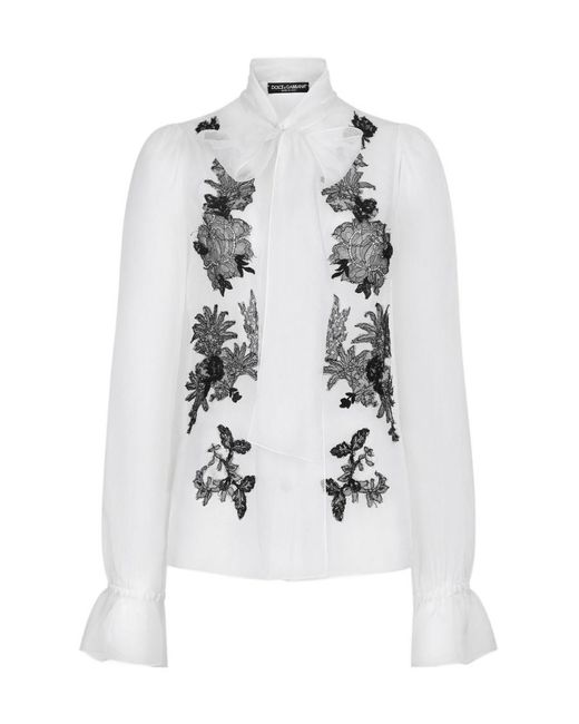 Dolce & Gabbana White Lace Patch Pussy-Bow Shirt