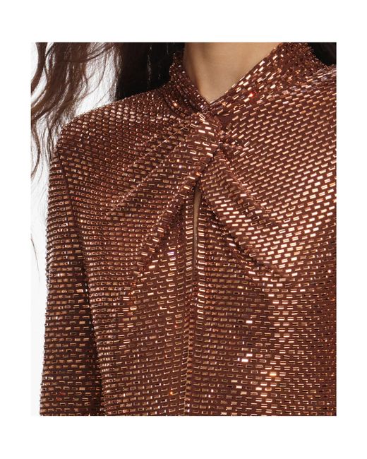 Self-Portrait Brown Rhinestone-Embellished Long-Sleeve Midi Dress