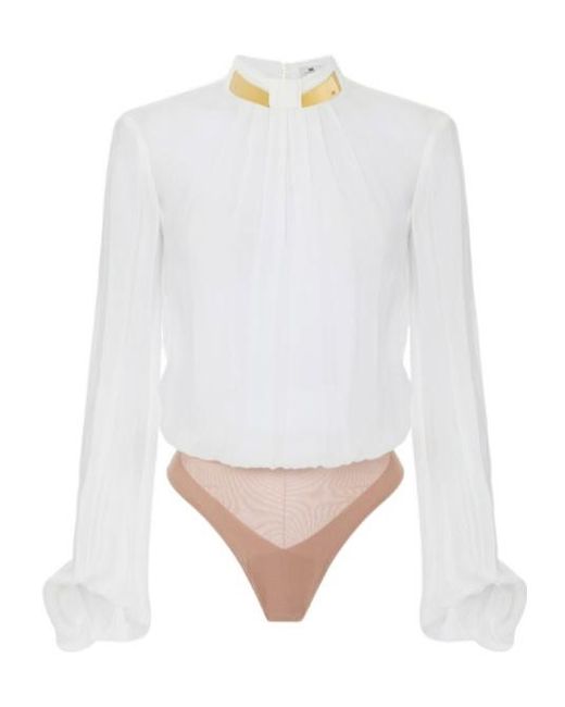 Elisabetta Franchi White Pleated High-Neck Bodysuit