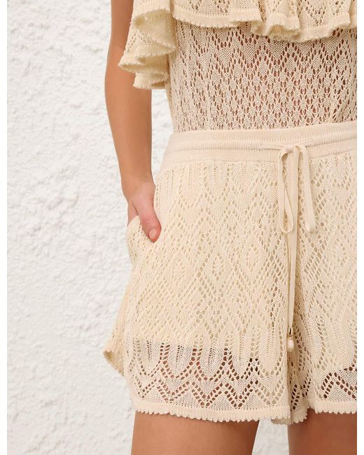 Zimmermann Natural Mahon Crochet-Knit Drawstring Shorts