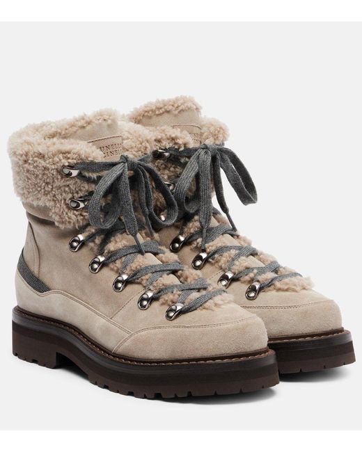 Brunello Cucinelli Brown Shearling-Lined Suede Lace-Up Boots