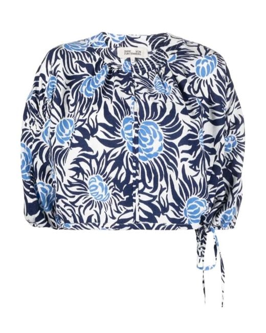 Diane von Furstenberg Blue Floral-Print Cropped Top