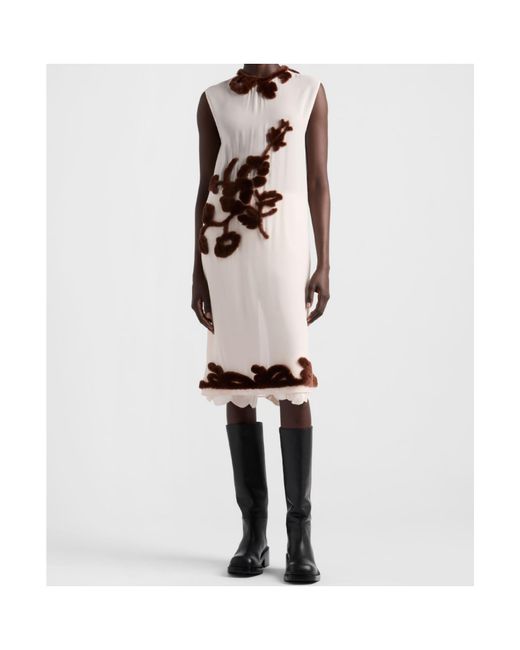 Prada Natural Silk Shearling-Appliqué Midi Dress