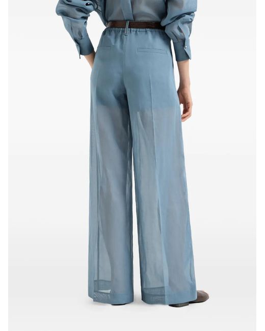 Brunello Cucinelli Blue Cotton Organza Wide-Leg Trousers