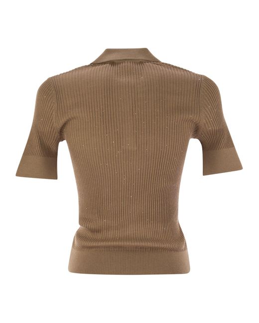 Max Mara Brown Uberta Wool And Silk Polo Shirt With Sequins
