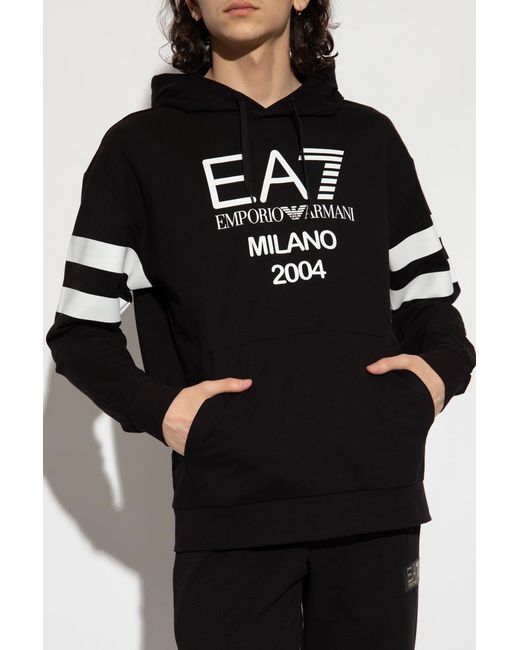 EA7 Black Logo-Print Cotton Hoodie for men