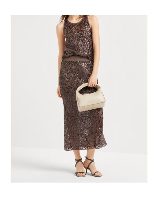 Brunello Cucinelli Brown Sequin-Embellished Mesh Top
