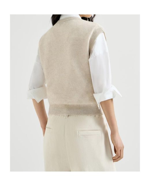 Brunello Cucinelli White Sparkling Mohair And Wool Knit T-Shirt With Monili