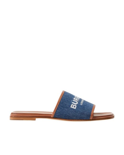 Burberry Blue Logo-Print Denim Slides