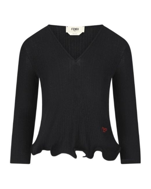 Fendi Black V-Neck Ruffled-Hem Ribbed Top