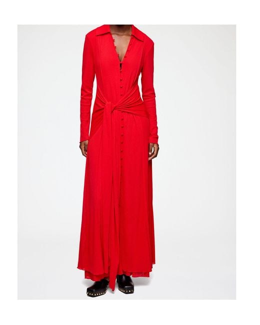 Ganni Red Draped Shirt Maxi Dress