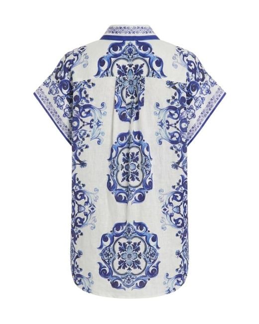 Alice + Olivia Blue Floral-Print Linen Shirt