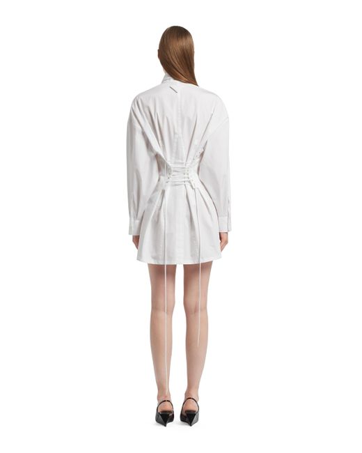 Prada White Lace-Up Long Sleeved Shirt Dress