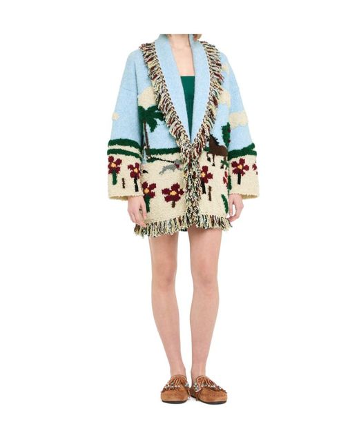 Alanui Blue Casa Fringed Intarsia-Knit Cardi-Coat