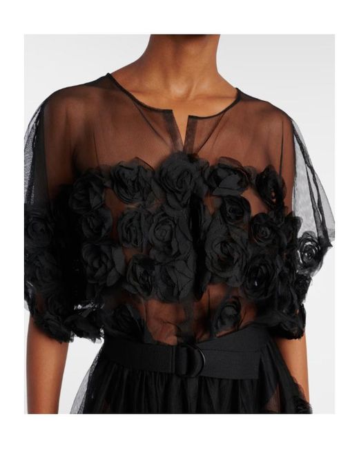 Norma Kamali Black Floral-Appliqué Tulle Midi Dress