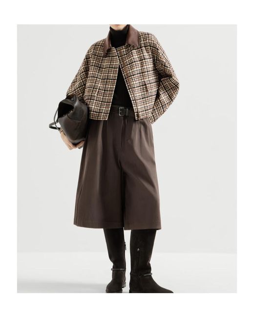 Brunello Cucinelli Brown Comfort Checked Wool And Alpaca Outerwear Jacket With Leather-Collar And Monili