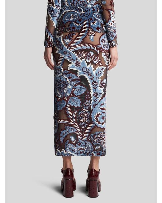 Etro Blue Pattern-Jacquard Velvet Midi Skirt
