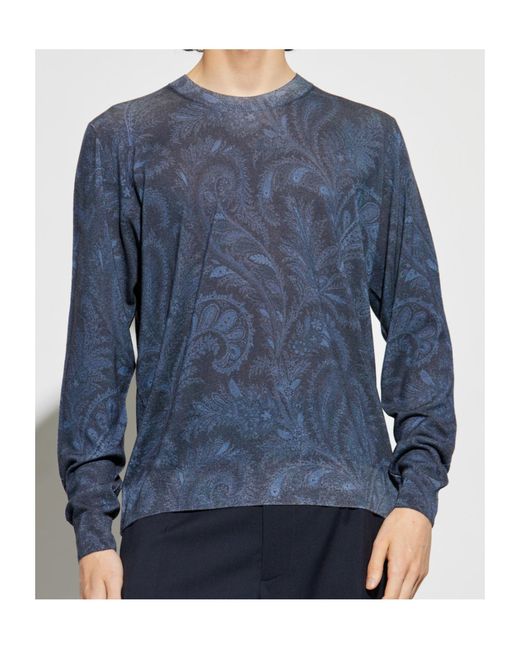 Etro Blue Patterned Crewneck Knitted Jumper for men