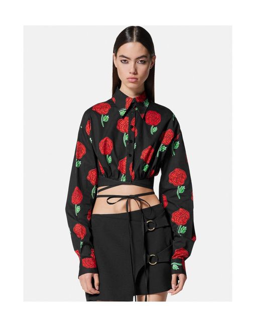 Versace Jeans Red Couture Floral-Printed Buttoned Cropped Blouse