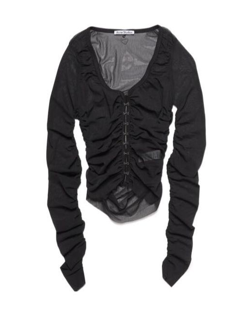 Acne Black V-Neck Semi-Sheer Ruched Blouse