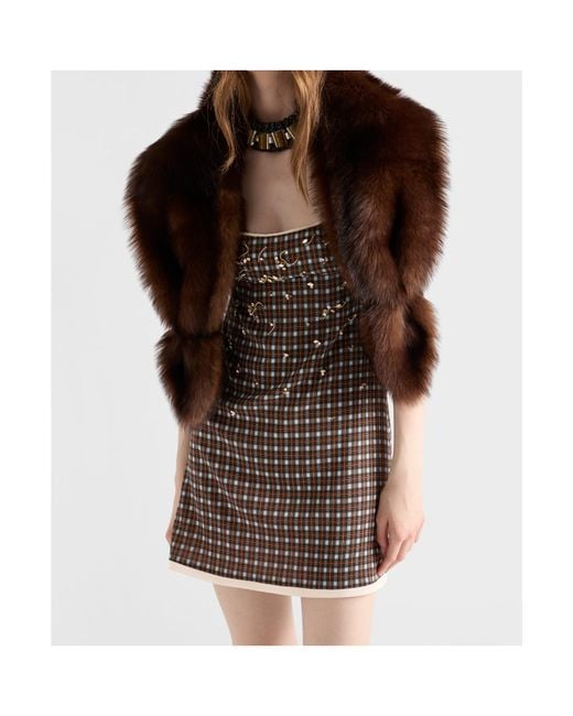 Prada Brown Embellished Checked Georgette Mini-Dress