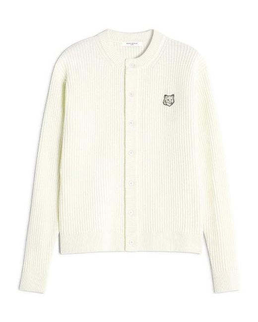 Maison Kitsuné White Maison Kitsuné Fox Head Ribbed Knit Cardigan for men