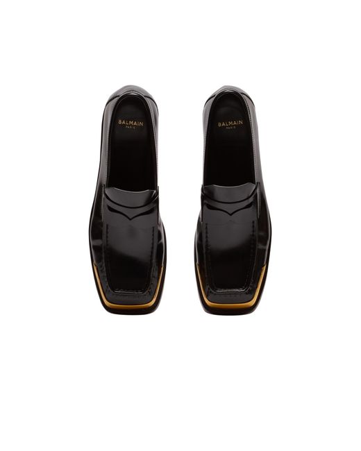 Balmain Black Square-Toe Glazed Leather Loafers for men