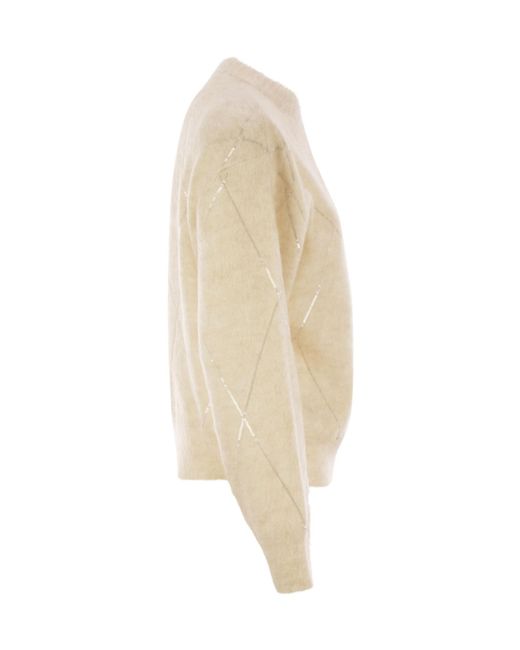 Brunello Cucinelli Natural Mohair, Wool, Cashmere And Silk Sweater With Dazzling Argyle Embroidery
