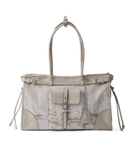 Prada Gray Bonnie Large Printed Linen And Leather Handbag