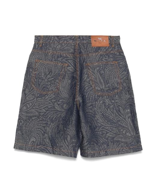 Etro Gray Jacquard Logo Patch Denim Bermuda Shorts for men