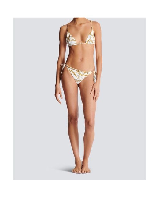 Balmain White Two Piece Chain-Print Triangle Bikini Set