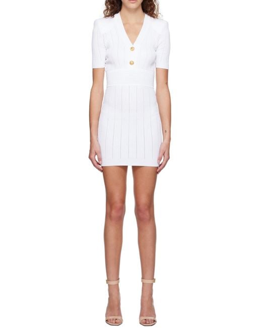 Balmain White Ribbed-Knit Buttoned Minidress