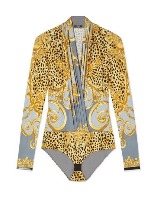 Versace Metallic Leopard-Printed Draped Bodysuit