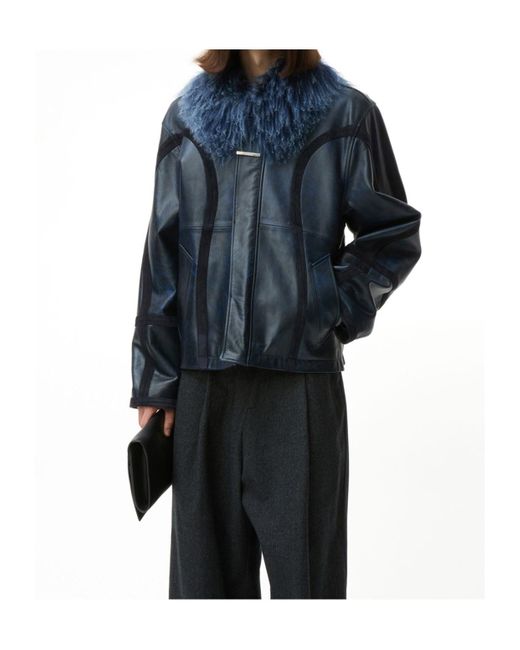 Adererror Blue Detachable Fur Collar Leather Jacket for men