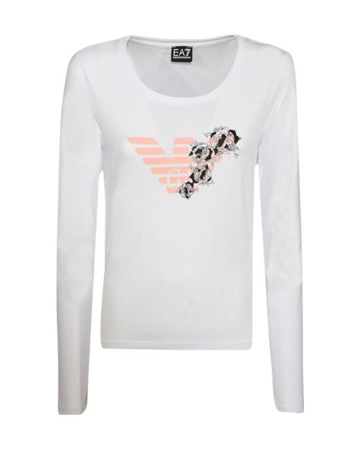 EA7 White T-Shirt With Round Neck And Long Sleeves