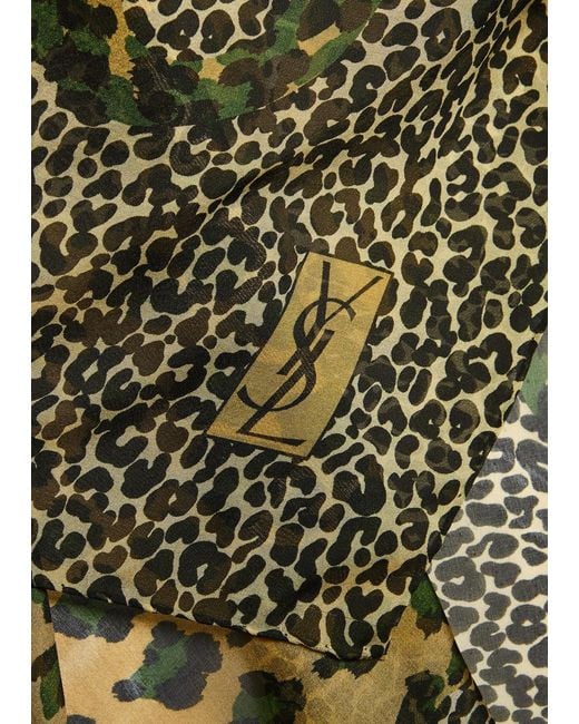 Saint Laurent Green Leopard-Print Silk Scarf