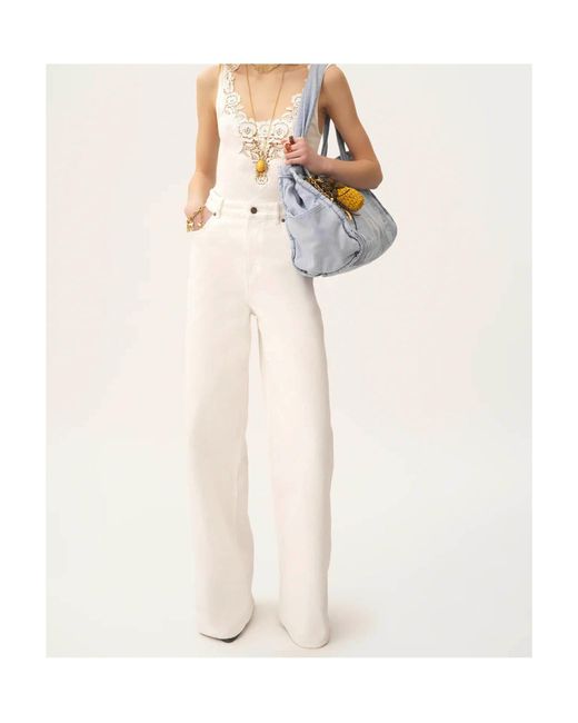 Chloé White Chloé Logo Patch Wide-Leg Jeans
