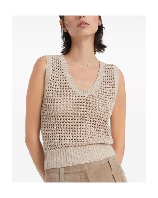 Brunello Cucinelli Natural Sequin Embellished Open Knitted Vest